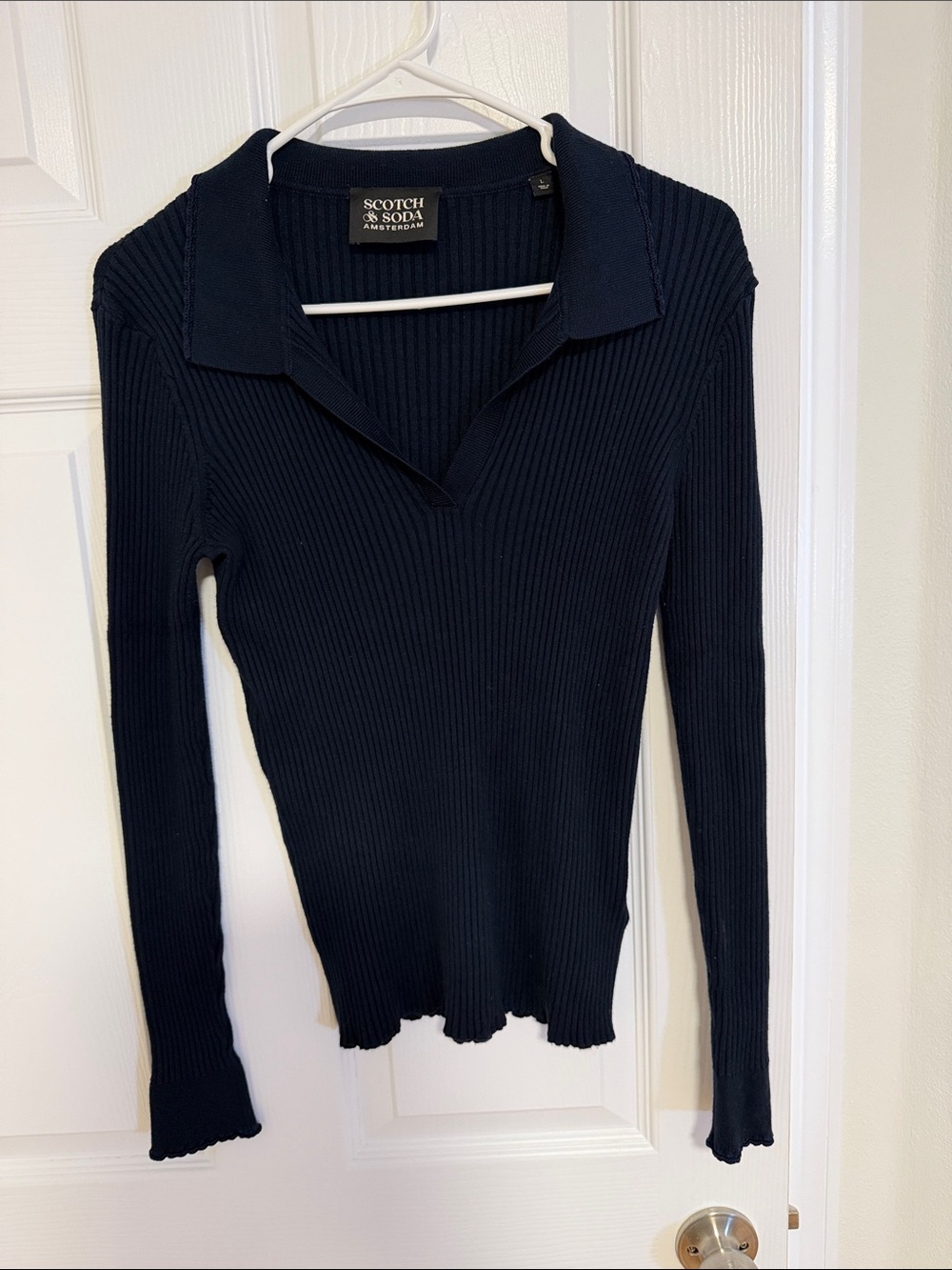 Scotch & Soda Navy Ribbed Long-Sleeve Polo Top